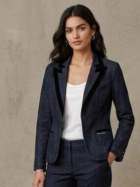 DKNY Jeans Blazer Coat Jacket Jean Black‎ Trim Sz S